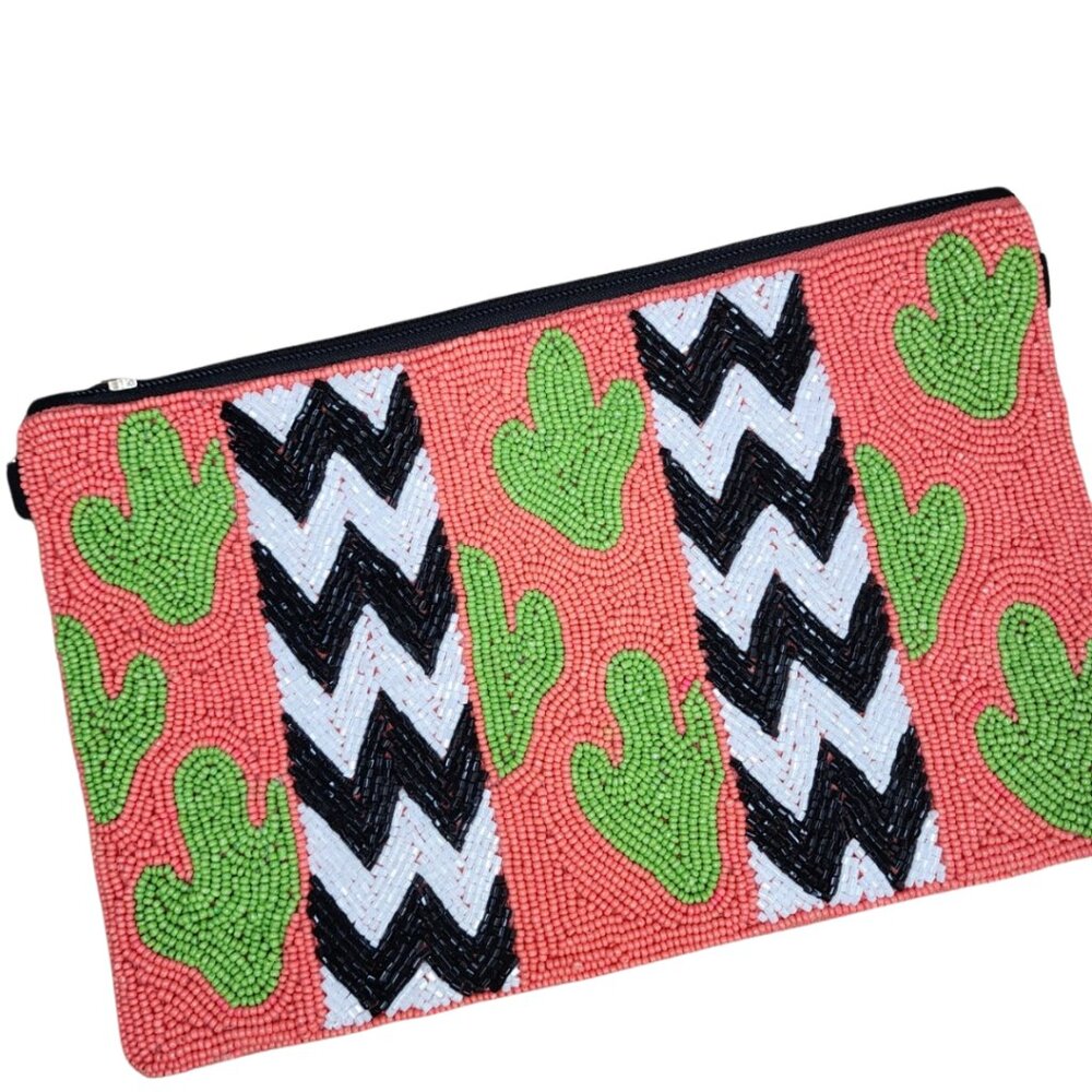 KAYLEE Orange Cactus Chevron Beaded Slim Zip Top Clutch Crossbody Bag NWT